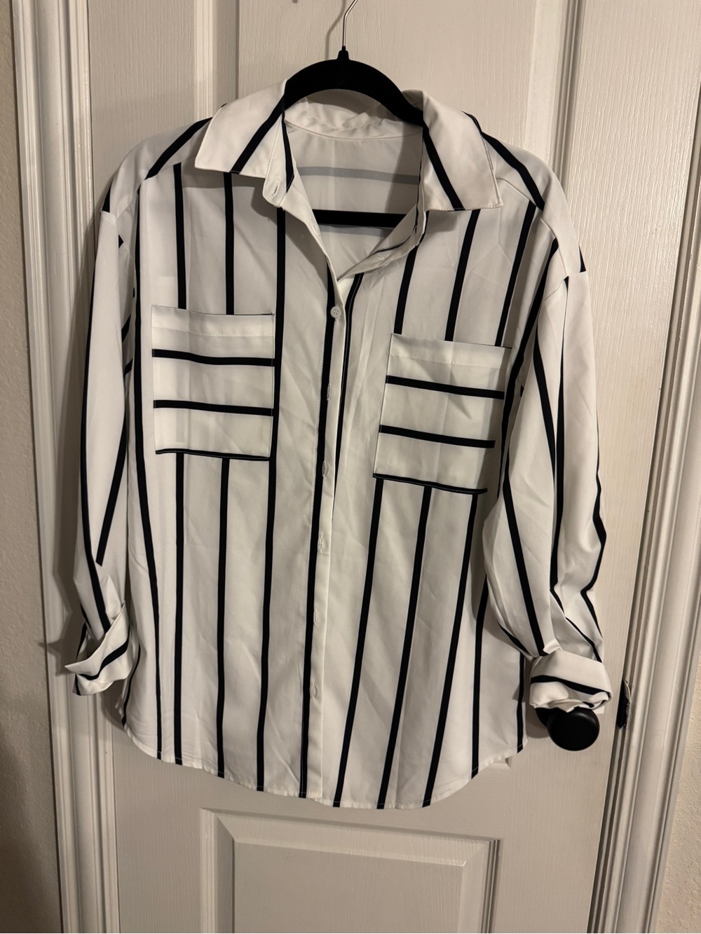 Women’s White Vertical-Stripe Button Down Shirt and matching shorts